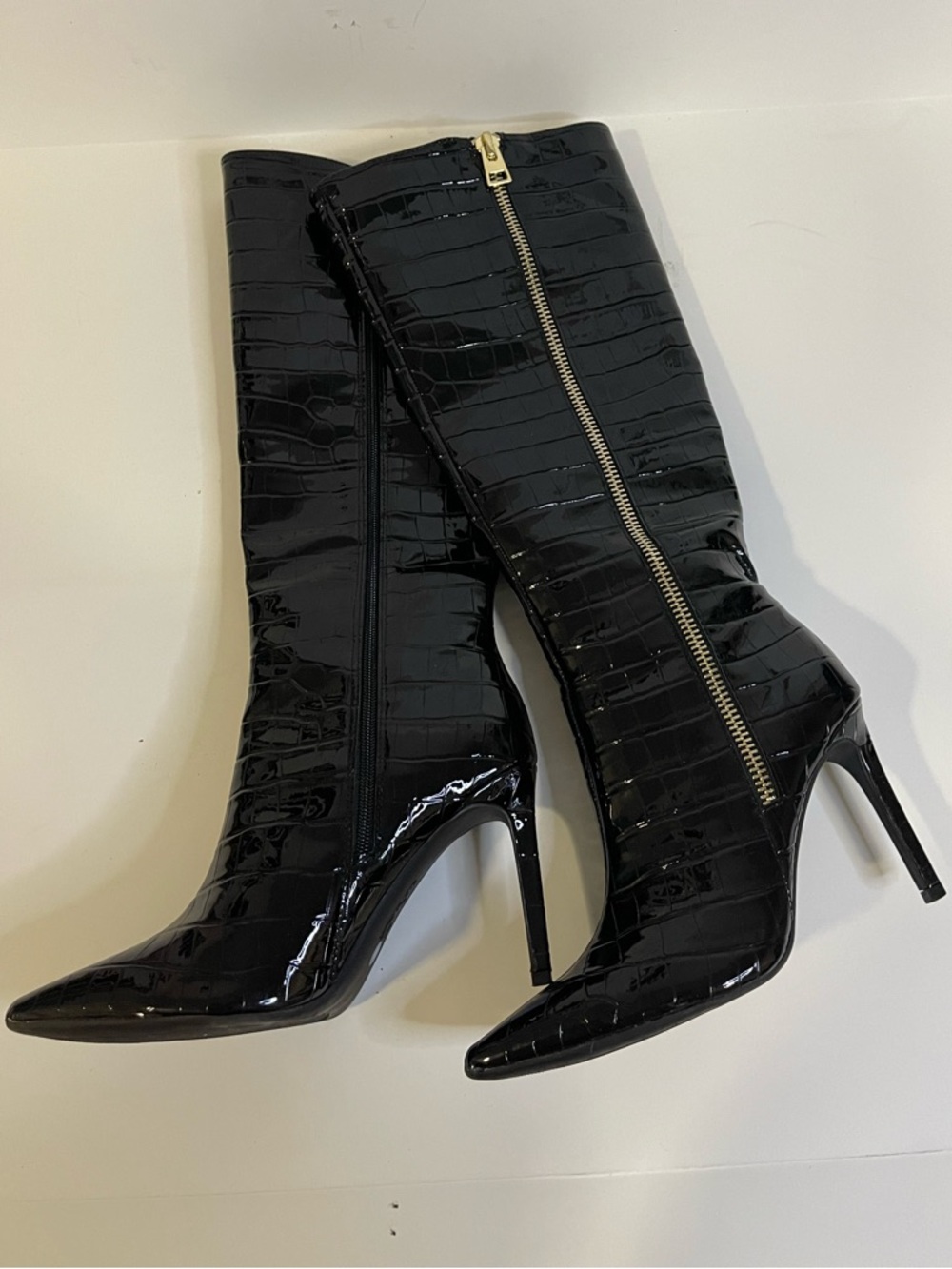 Black Patent Croc Knee-High Stiletto Boots